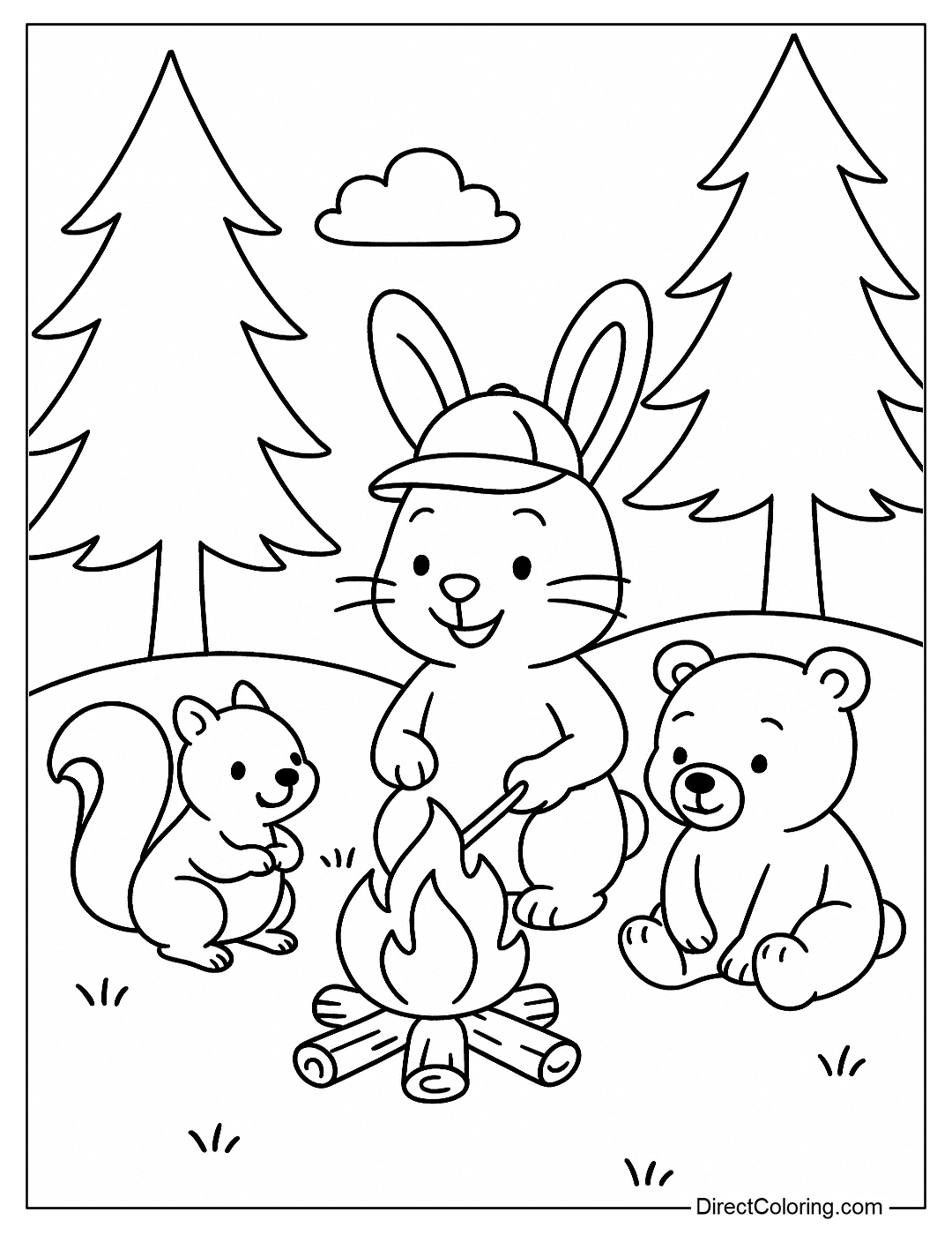 Coloring page of a bunny wearing a camper hat, making a campfire with a squirrel and a baby bear.